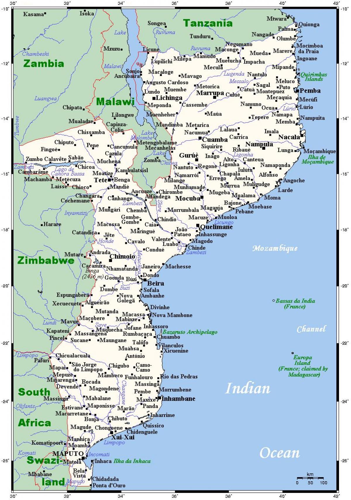 mapa Mosambiku měst