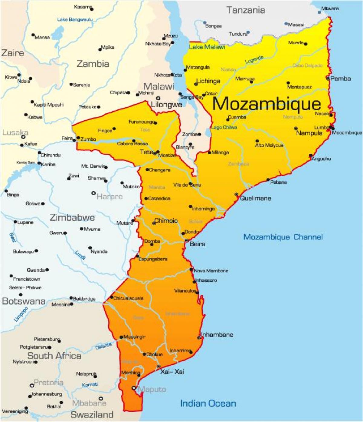 mapa Mosambiku mapa vzdáleností